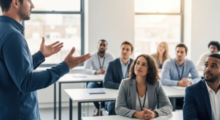 Instructor passionately delivers a presentation to a diverse group of attentive students in a bright classroom setting.