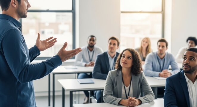 Instructor passionately delivers a presentation to a diverse group of attentive students in a bright classroom setting.