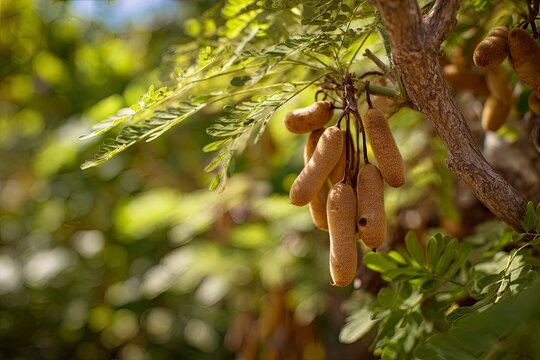 Fresh Brown Tamari Beans Growing on Tree in Sunlit Garden