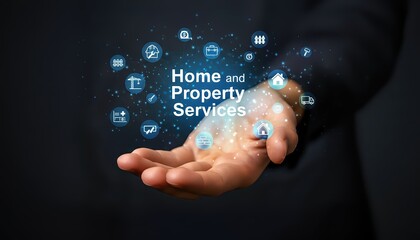 Businessman Hand Holding Home and Property Services Hologram with Construction Icons.