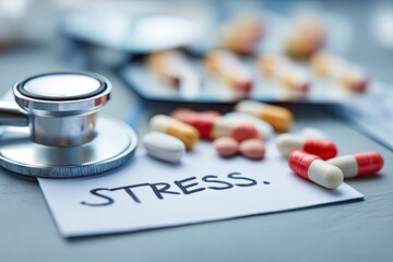 Obraz premium Medical Stethoscope and Pills on Stress Note in Medical Environment