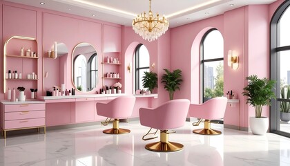 Elegant pink beauty salon interior with gold accents with chairs, and and large windows.