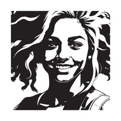 Black and white close up illustration of a beautiful woman face minimalist elegant line art drawing