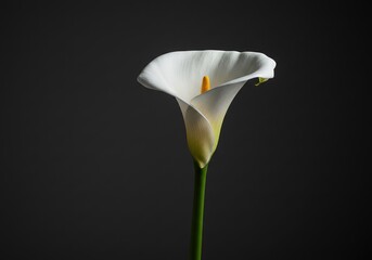 Single white calla lily flower against a dark background