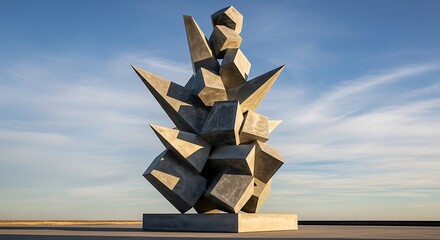 Geometric sculpture against a serene sky background, abstract art form