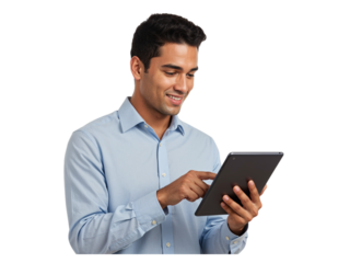 Man digitally engaged with tablet focusing on screen and touching it isolated on transparent background