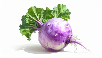 A whole kohlrabi with green leaves attached pale purple bulb realistic detail white background with smooth shading