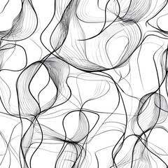 Abstract line art seamless repeating design with thin black sketchy strokes forming free-flowing organic shapes on a clean white background, perfect for modern wallpapers, textiles, and elegant.