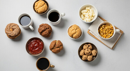 Overhead shot of assorted cookies, muffins, coffee, and toppings, creating a delightful and inviting food arrangement isolated on white background