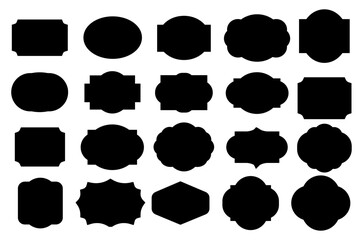 A collection of black silhouette label shapes on a white background.