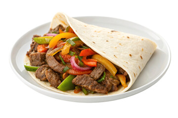 Delicious sizzling steak fajitas served on a white plate with vibrant colorful peppers and onions ready to eat
