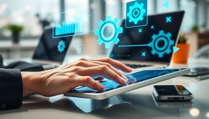 Person touching tablet displaying digital interface with gears and charts, laptops in background technology