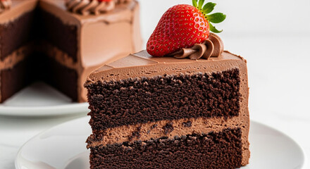 A decadent slice of chocolate cake with strawberry on top, isolated on white background, showcasing its rich layers and creamy frosting