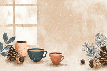 Hand-Drawn Cozy Winter Tea Cups Pinecones Frosted Windows Rustic Vintage
