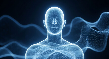 A digital representation of a human figure, composed of glowing blue particles, standing against a dark background with flowing energy waves