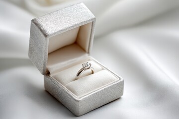 An elegant diamond solitaire ring is nestled inside a modern, textured jewelry box, resting on a soft, flowing white silk fabric, capturing a moment of timeless beauty.