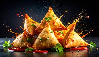 Explosion of Indian Samosas with Flying Chutney Splashes and Spices