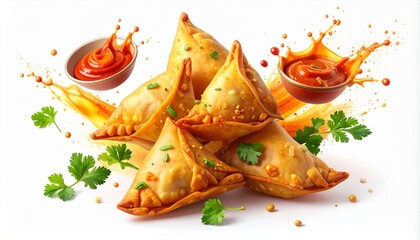 Explosion of Indian Samosas with Flying Chutney Splashes and Spices