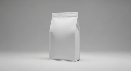 A plain white stand-up pouch with a zipper closure, perfect for product packaging and branding mockups on a neutral background