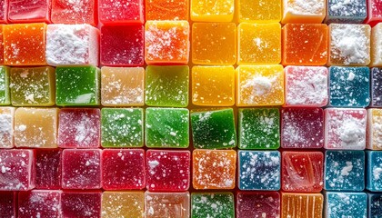 Flat Lay of Colorful Turkish Delight Pieces with Powdered Sugar on Rustic Background
