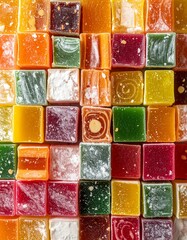 Flat Lay of Colorful Turkish Delight Pieces with Powdered Sugar on Rustic Background