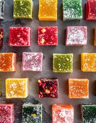 Flat Lay of Colorful Turkish Delight Pieces with Powdered Sugar on Rustic Background