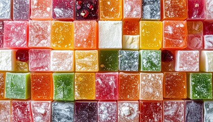 Flat Lay of Colorful Turkish Delight Pieces with Powdered Sugar on Rustic Background