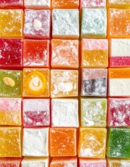 Flat Lay of Colorful Turkish Delight Pieces with Powdered Sugar on Rustic Background