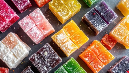Flat Lay of Colorful Turkish Delight Pieces with Powdered Sugar on Rustic Background
