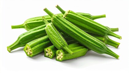 Obraz premium A pile of okra pods cut open to reveal seeds bright green texture photorealistic realism white background with soft shadows 