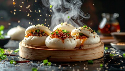Floating Bao Buns with Flying Steam and Ingredients in Mid-Air