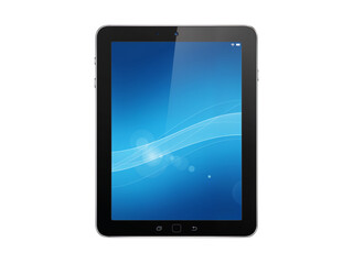 Modern black tablet device with vibrant blue screen display and subtle reflections isolated on transparent background