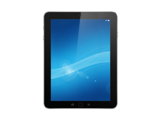 Modern black tablet device with vibrant blue screen display and subtle reflections isolated on transparent background
