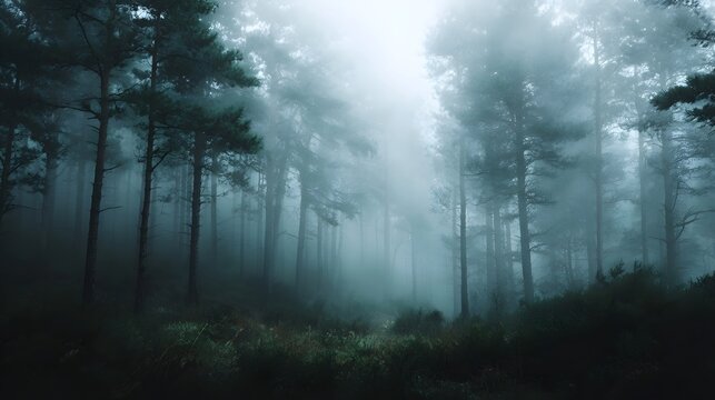 Misty pine forest with tall trees and soft light creating a serene and mysterious atmosphere - Powered by Adobe