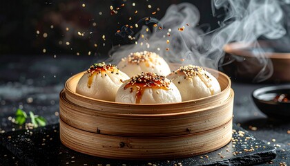 Floating Bao Buns with Flying Steam and Ingredients in Mid-Air