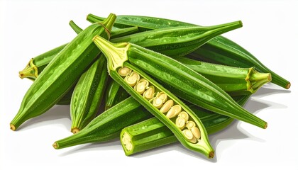 A pile of okra pods cut open to reveal seeds bright green texture photorealistic realism white background with soft shadows
