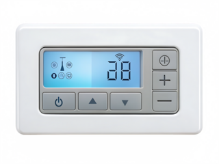 White digital thermostat control panel with buttons isolated on a transparent background