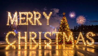 Festive night scene features illuminated words, a decorated tree, and fireworks against a twilight sky near a body of water