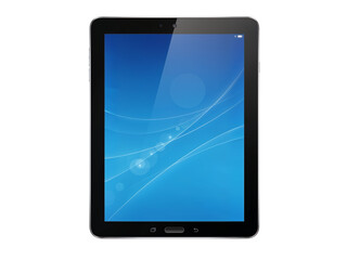 Sleek modern tablet device displaying vibrant blue screen with subtle abstract design isolated on transparent background