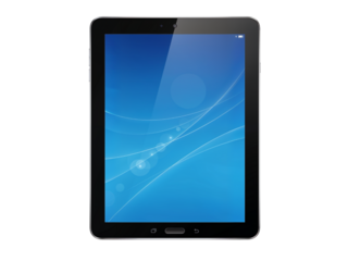 Sleek modern tablet device displaying vibrant blue screen with subtle abstract design isolated on transparent background