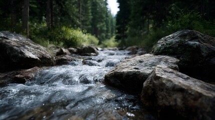 A serene mountain stream its clear water flowing over smooth rocks winds through a dense green sun d d forest