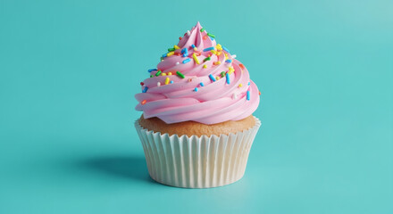 Delicious cupcake with pink frosting and colorful sprinkles on a turquoise background.