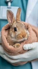 Naklejka premium Adorable brown rabbit nestled in a soft beige towel, gently held by a medical professional in a clinical setting with care and compassion