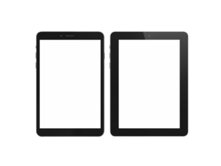 Two modern digital tablets displaying blank white screens side by side isolated on transparent background