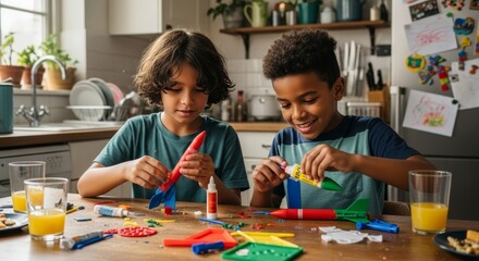 Two cheerful boys constructing colorful rocket models using building blocks at kitchen table. Creative STEM play activity showcasing childhood imagination and learning.