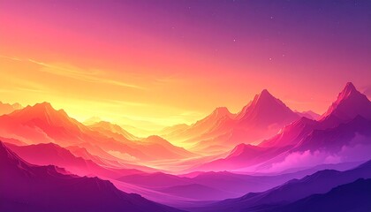 Fototapeta premium Vibrant Gradient Mountain Landscape at Sunset with Ethereal Hues and Dreamlike Sky, a Stunning Digital Art Illustration of Majestic Peaks Bathed in Golden Hour Glow