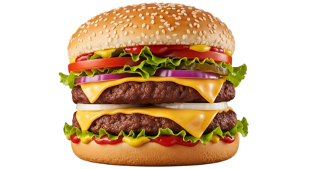 A towering double cheeseburger isolated on transparent background, featuring two juicy beef patties, melted cheese, fresh lettuce, ripe tomato, onion, and tangy pickles, all stacked between a sesame s