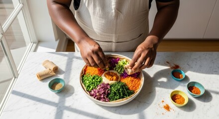 Hands assembling a vibrant vegan bowl with lentils, peas, cabbage, and dips on a marble counter. Fresh, healthy cooking with spices and injera rolls.