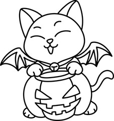 Bat Cat with Jack O'Lantern Bucket (Coloring Page Outline Illustration).svg