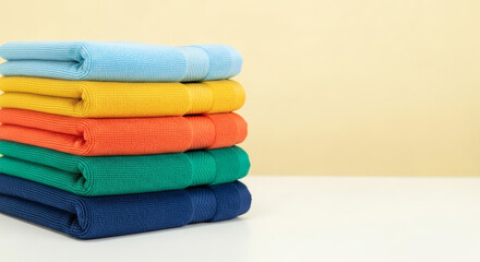 Stack of colorful folded towels on a white surface